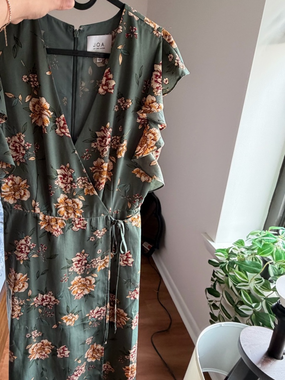 J.O.A. Floral Dress in Sage with Pink and Cream Blooms